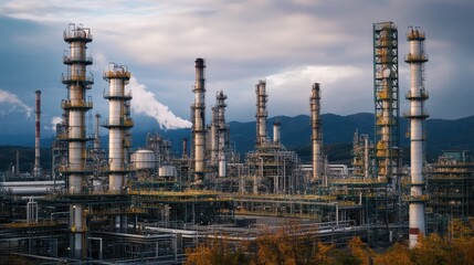 Fototapeta premium Towering cracking units and massive reactor vessels dominate the industrial landscape of a high-tech petrochemical plant.