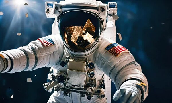 Full portrait of female astronaut is bracing herself against incoming small pieces of space debris, holding a shield or moving quickly to evade danger, 4k Animation Video
