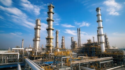 Fototapeta premium Towering cracking units and reactor vessels, surrounded by machinery and pipes in a bustling petrochemical facility.