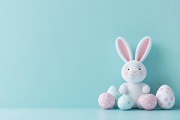 Obraz premium Cute bunny surrounded by pastel eggs on a soft blue background during spring festivities