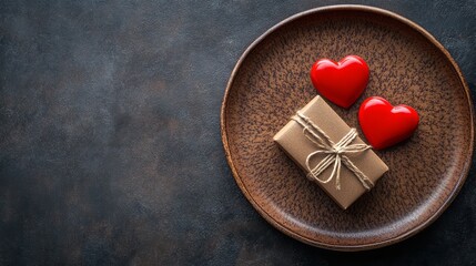 Valentine's Day Table Setting. Plate with Gift box and two red hearts. Copy Space