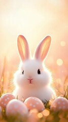 Obraz premium Hovering Easter eggs, fluffy white bunny in the foreground, soft peach background, open yellow space for promotional text.