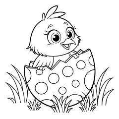 A cute baby chick sitting in a half-cracked coloring page for children, outline, education, line, outline, art, sketch