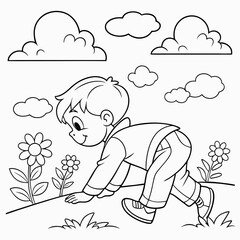 child playing with flowers, coloring page for children, outline, education, line, outline, art, sketch