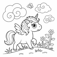 A unicorn with a flowing rainbow coloring page for children, outline, education, line, outline, art, sketch