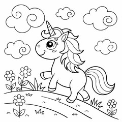 A unicorn with a flowing rainbow coloring page for children, outline, education, line, outline, art, sketch