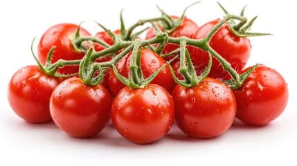 Fresh red cherry tomatoes on the vine, isolated on white background; perfect for food blogs or recipe websites