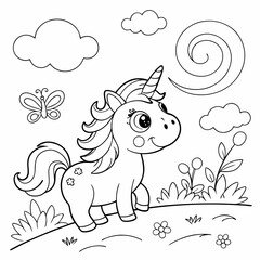 A unicorn with a flowing rainbow coloring page for children, outline, education, line, outline, art, sketch