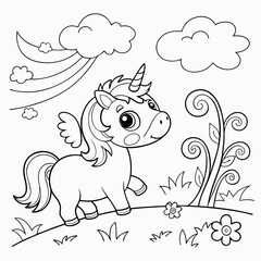 A unicorn with a flowing rainbow coloring page for children, outline, education, line, outline, art, sketch