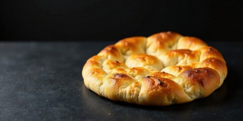 A golden-brown baked bread, artisan-style, with a circular, segmented design, rests on a dark surface.