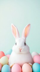 Obraz premium Hovering Easter eggs, fluffy white bunny in the foreground, soft peach background, open yellow space for promotional text.