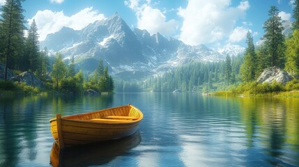 Obraz premium Mountain landscape with a rowboat floating on a tranquil lake surrounded by trees and snow capped peaks under a clear blue sky. Generative AI