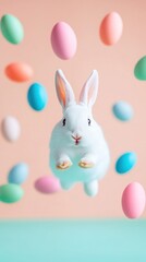 Obraz premium Hovering Easter eggs, fluffy white bunny in the foreground, soft peach background, open yellow space for promotional text.