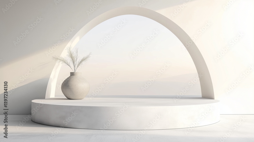 Fototapete Minimal 3D render of a white podium with an elegant arch in the background. Modern product display scene featuring a round stone platform, natural light from a window, and a clean white interior wall 