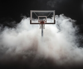 Dramatic basketball hoop emerges from swirling fog in a dimly lit gymnasium atmosphere during a nighttime practice session