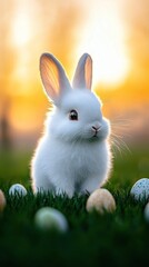 Obraz premium Hovering Easter eggs, fluffy white bunny in the foreground, soft peach background, open yellow space for promotional text.