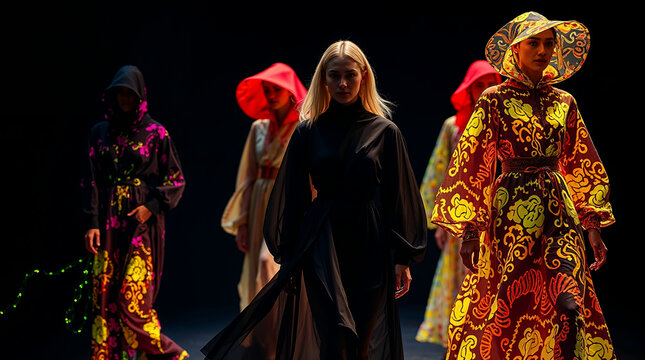 Contemporary fashion show. Beautiful models wearing vibrant luminiscent clothes on catwalk