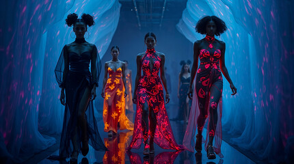 Fashion show in blue neon lights. Group of beautiful models walk on a catwalk wearing ethereal silk outfits