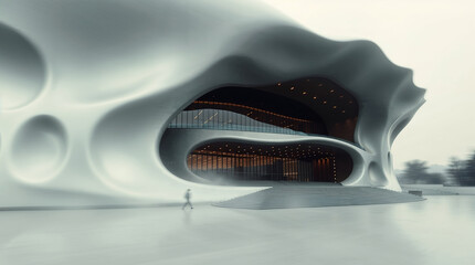 Obraz premium Futuristic concert hall building with fluid shaped facade and blurred lines. Minimalistic architecture with soft lines and a lot of empty space