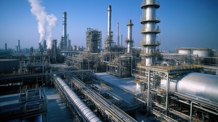Obraz premium Towering cracking units and massive reactor vessels, surrounded by machinery and pipelines in a sprawling petrochemical facility.