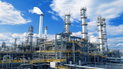 Fototapeta premium Petrochemical plant with towering cracking units and reactor vessels, surrounded by dense piping and industrial equipment.