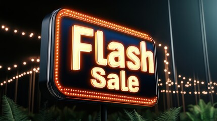 Vibrant Neon Sign Illuminating Flash Sale Announcement in Urban Setting at Night Creating Energetic Atmosphere and Captivating Visual Impact