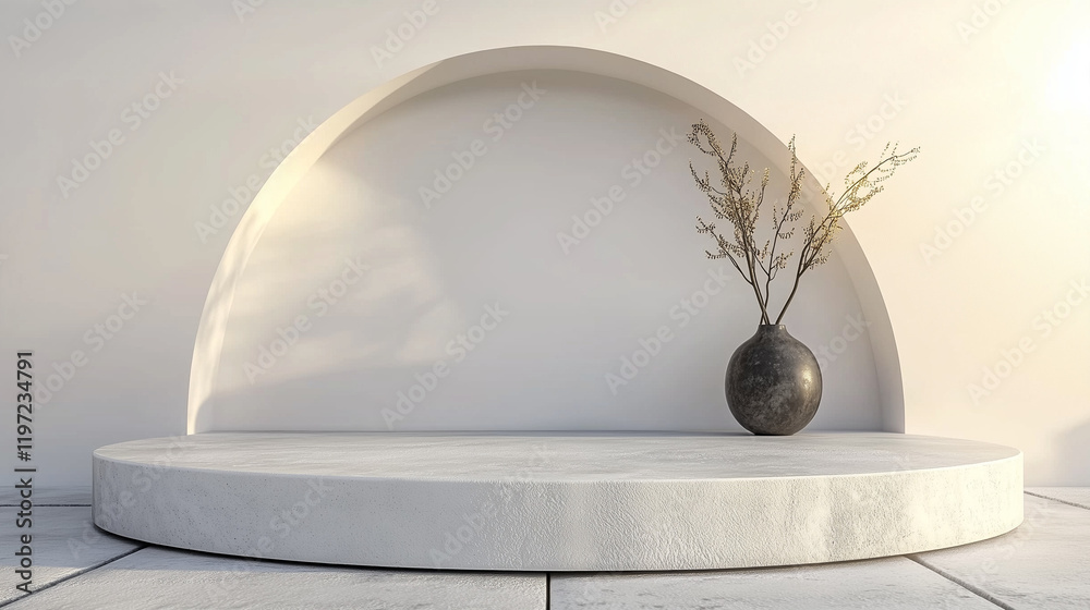 Poster Minimal 3D render of a white podium with an elegant arch in the background. Modern product display scene featuring a round stone platform, natural light from a window, and a clean white interior wall 