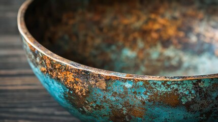 Naklejka premium Craftsmanship shines through weathered copper bowl with stunning patina showcasing rich colors and textures