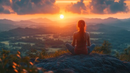 Obraz premium Woman meditating on mountaintop at sunset, enjoying peaceful view.