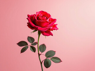 Fototapeta premium Single red rose on pink background.