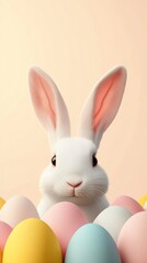 Obraz premium Hovering Easter eggs, fluffy white bunny in the foreground, soft peach background, open yellow space for promotional text.