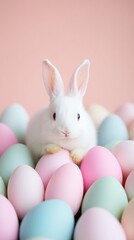 Fototapeta premium Hovering Easter eggs, fluffy white bunny in the foreground, soft peach background, open yellow space for promotional text.