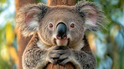 Fototapeta premium Koala resting on eucalyptus tree, Australian wildlife