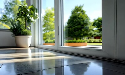 Patio door interior view, sunny garden