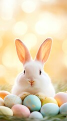 Hovering Easter eggs, fluffy white bunny in the foreground, soft peach background, open yellow space for promotional text.