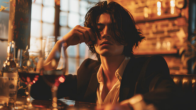 androgynous man with black hair, wearing a suit and sitting at a table, drinking whiskey in front of his face - Powered by Adobe