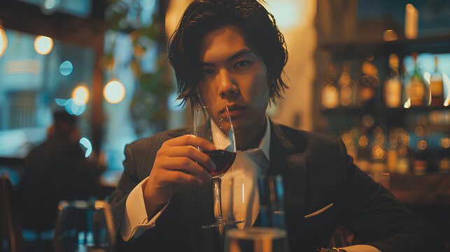 androgynous man with black hair, wearing a suit and sitting at a table, drinking whiskey in front of his face