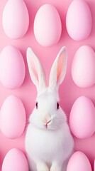 Obraz premium Hovering Easter eggs, fluffy white bunny in the foreground, soft peach background, open yellow space for promotional text.