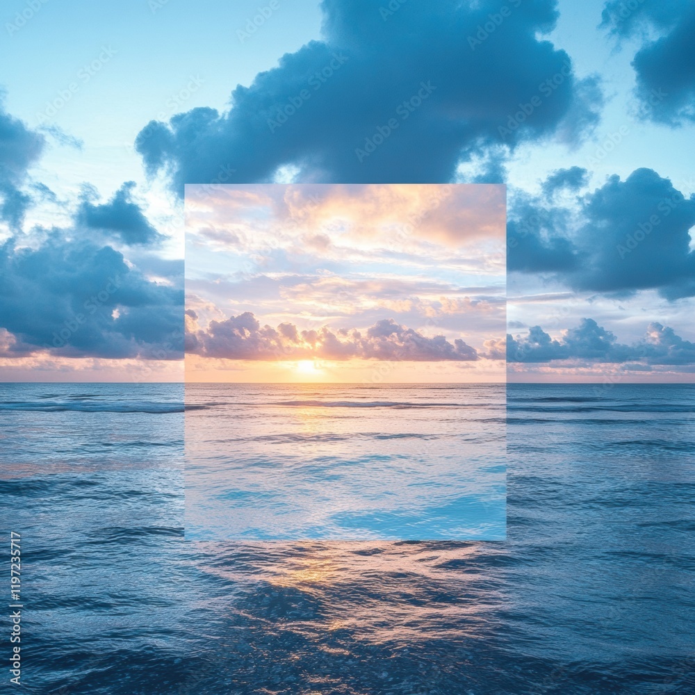 Poster serene sunset over the ocean reveals a tranquil scene with soft clouds and reflective water in a squ