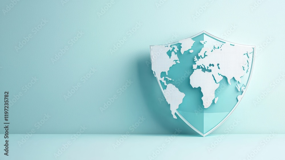 Poster a transparent shield icon with a world map faintly visible in the background, representing global se