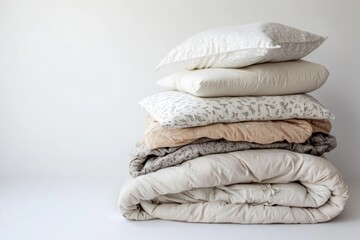 Comfortable bedding arrangement on a neutral background showcasing soft pillows and a cozy quilt