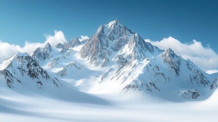 Obraz premium Majestic snow covered mountain range under a clear blue sky with soft clouds drifting above at midday. Generative AI