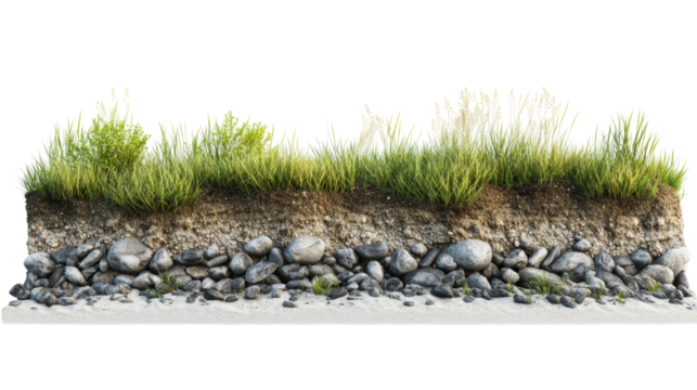 Grass, Stones, and Soil: A close-up view of a section of land revealing the natural elements of grass, rocks, and soil.
