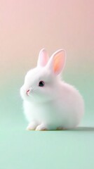 Obraz premium Hovering Easter eggs, fluffy white bunny in the foreground, soft peach background, open yellow space for promotional text.