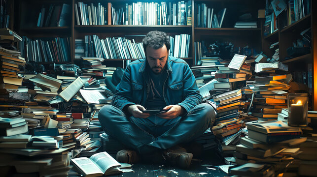 Photo of a man sitting amidst piles of books in a cluttered room, engrossed in his phone, symbolizing the contrast between traditional knowledge and digital distractions