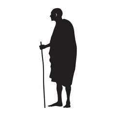 Elderly Tribal man stand pose with a stick silhouette vector illustration