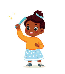 little kid girl african american comb hair and feel happy