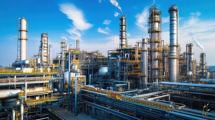 Petrochemical plant showcasing towering cracking units and reactor vessels, surrounded by dense pipe networks and machinery.