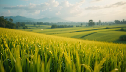 Golden rice field and distant hills
