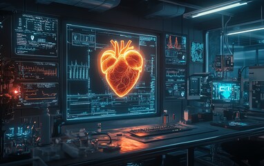 Obraz premium Glowing holographic heart displayed in hightech futuristic lab, surrounded by advanced screens and scientific equipment